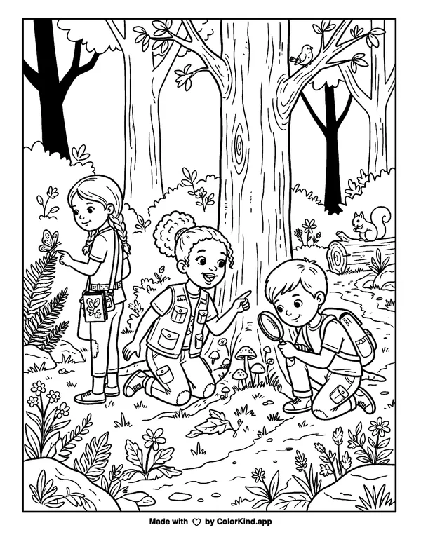 Young scientists making a nature discovery, scene 6 as clean black-and-white printable line art made by ColorKind