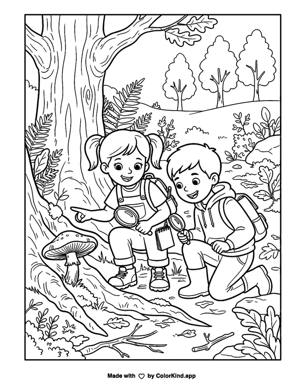Young scientists making a nature discovery, scene 7 as clean black-and-white printable line art made by ColorKind