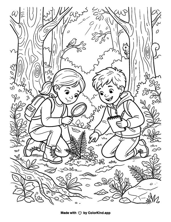 Young scientists making a nature discovery as clean black-and-white printable line art made by ColorKind