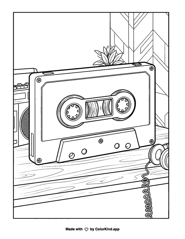 90's Cassette Tape as clean black-and-white printable line art made by ColorKind