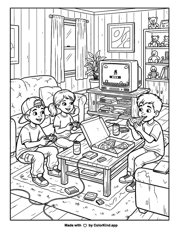 90's Gaming and Pizza Party as clean black-and-white printable line art made by ColorKind