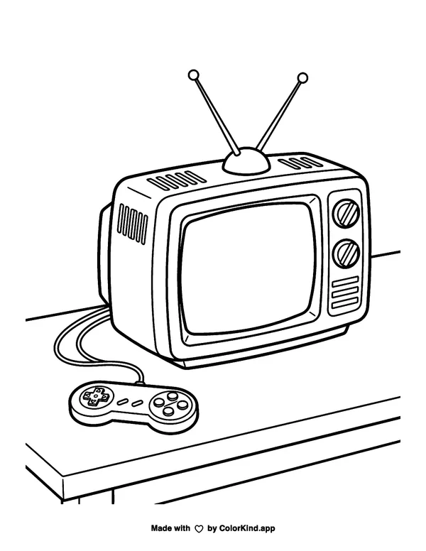 90s CRT television with rabbit-ear antennas and a wired controller as clean black-and-white printable line art made by ColorKind