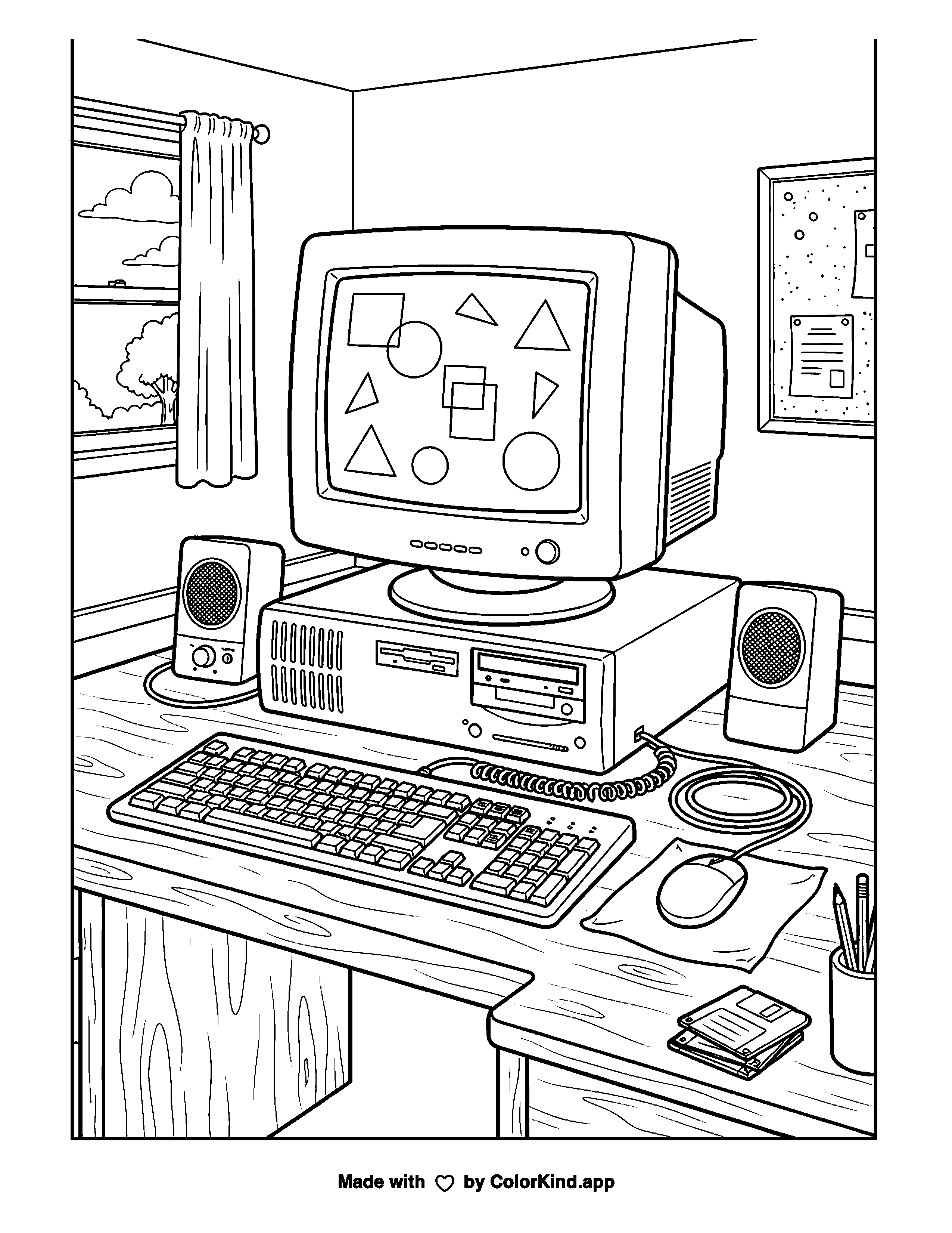 90s desktop computer with a bulky monitor, keyboard, ball mouse, and speakers as clean black-and-white printable line art made by ColorKind