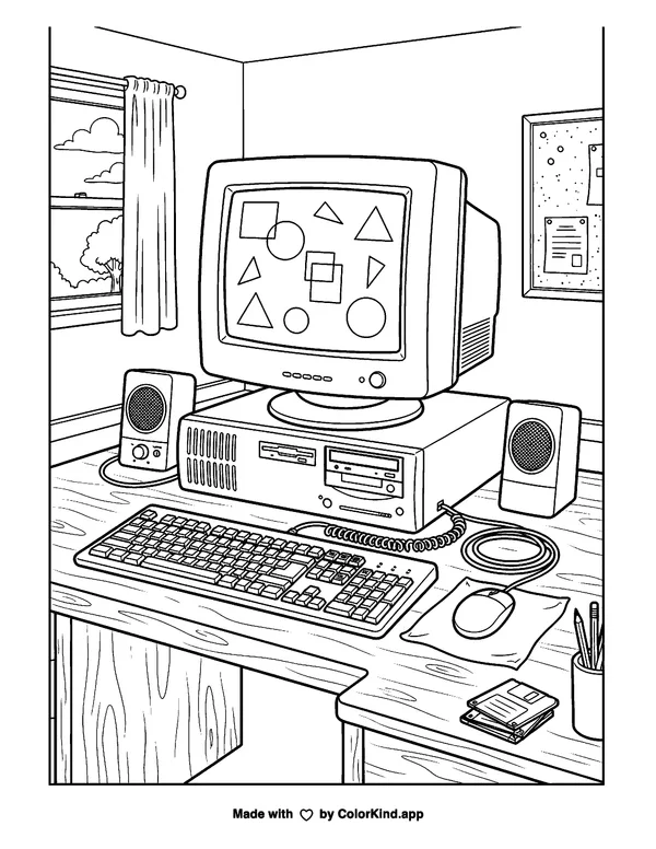 90s desktop computer with a bulky monitor, keyboard, ball mouse, and speakers as clean black-and-white printable line art made by ColorKind