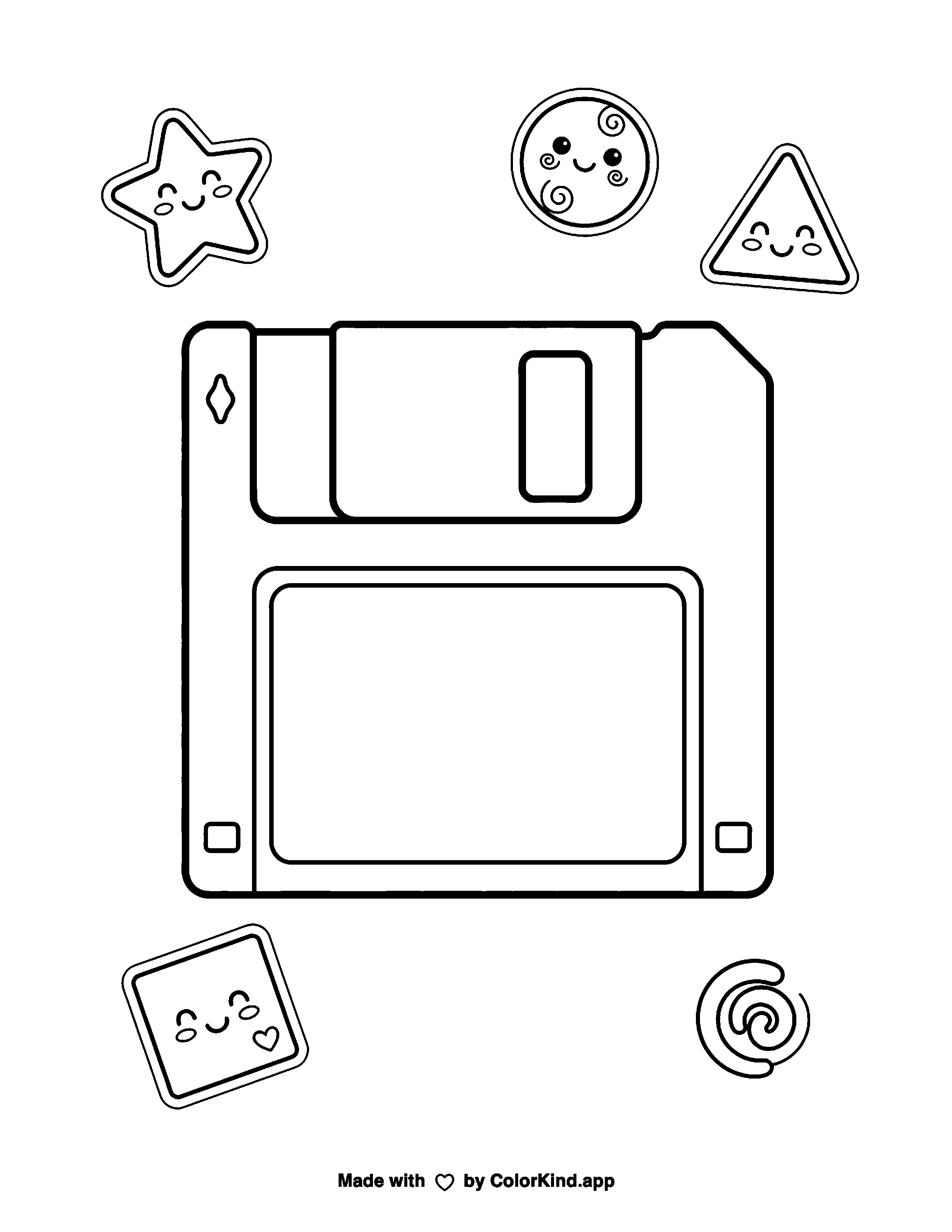 90s floppy disk with a blank label and geometric decorations as clean black-and-white printable line art made by ColorKind