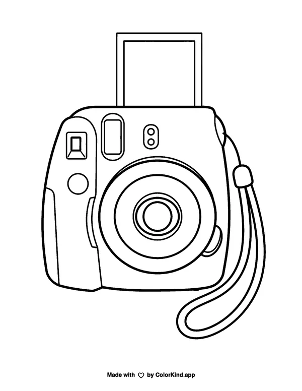 90s instant camera with a blank photo emerging as clean black-and-white printable line art made by ColorKind