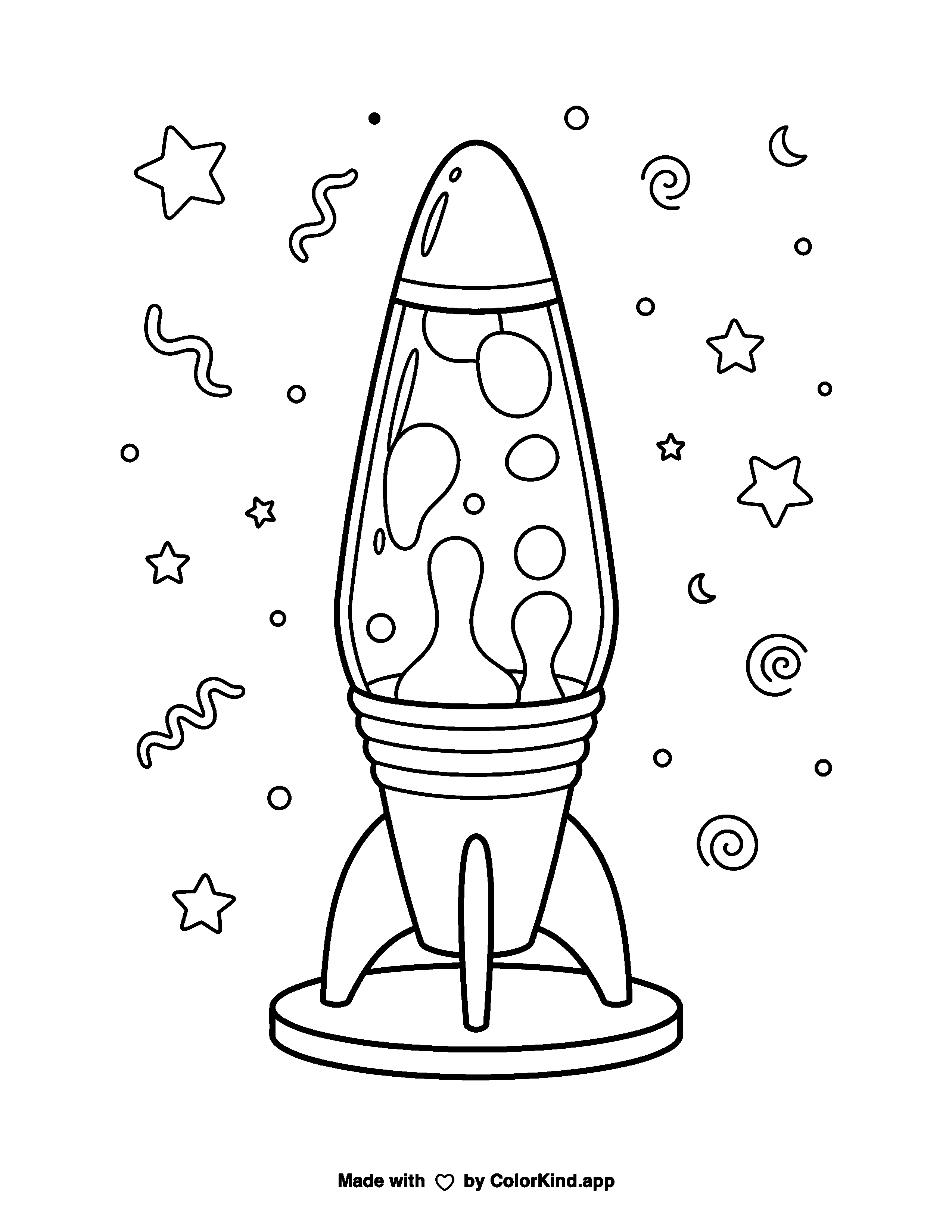 90s lava lamp with floating rounded blobs and geometric decorations as clean black-and-white printable line art made by ColorKind
