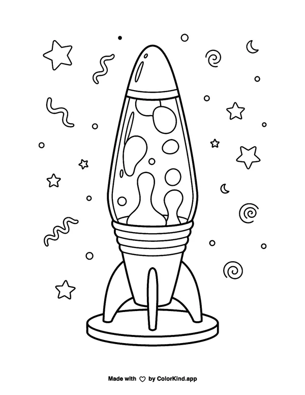90s lava lamp with floating rounded blobs and geometric decorations as clean black-and-white printable line art made by ColorKind