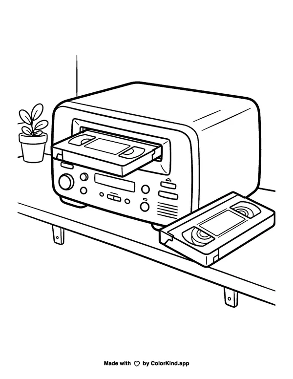 90s videocassette and VCR with broad open shapes as clean black-and-white printable line art made by ColorKind