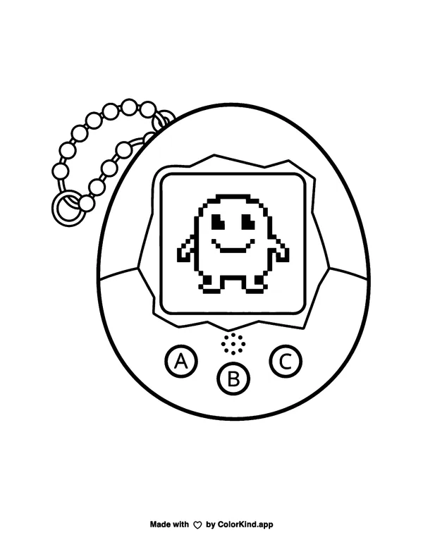 90s virtual pocket pet with an original pixel creature as clean black-and-white printable line art made by ColorKind