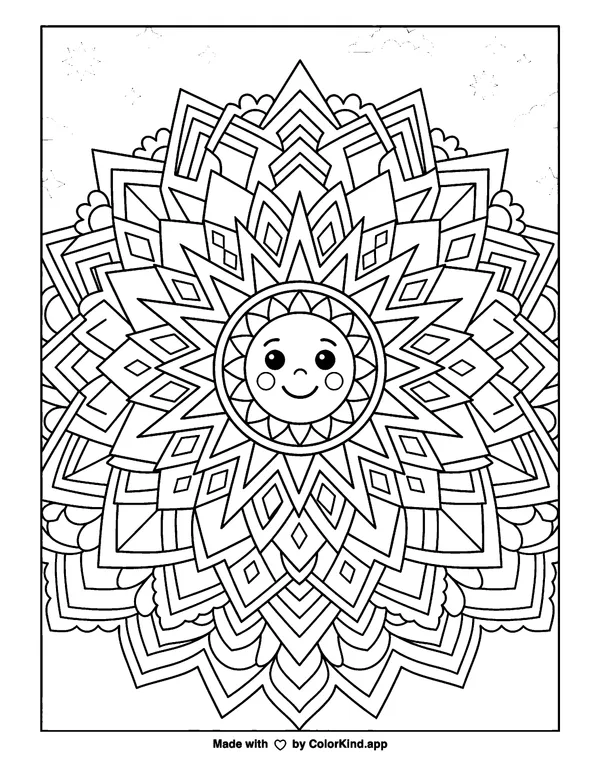 A geometric sun pattern with layered rays as clean black-and-white printable line art made by ColorKind