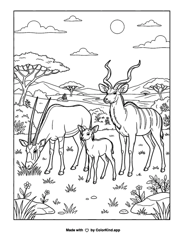 Antelope as clean black-and-white printable line art made by ColorKind