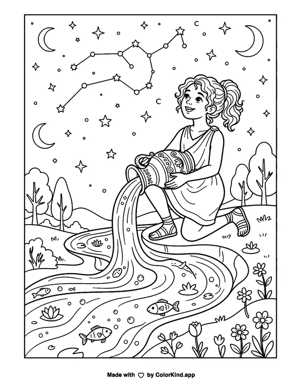 Aquarius Zodiac as clean black-and-white printable line art made by ColorKind