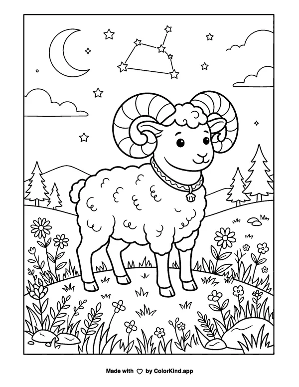 Aries Zodiac as clean black-and-white printable line art made by ColorKind