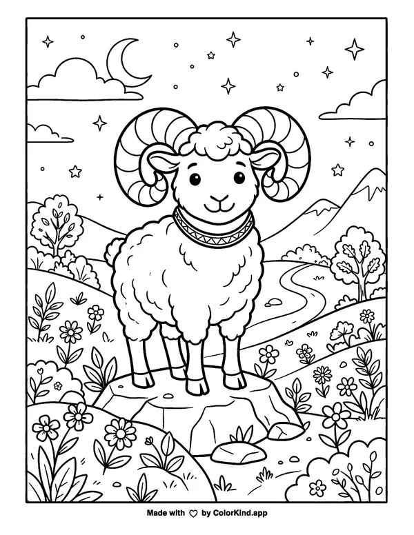 Aries as clean black-and-white printable line art made by ColorKind