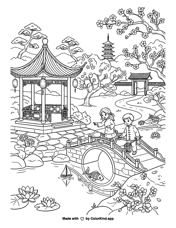 Asian Influence as clean black-and-white printable line art made by ColorKind