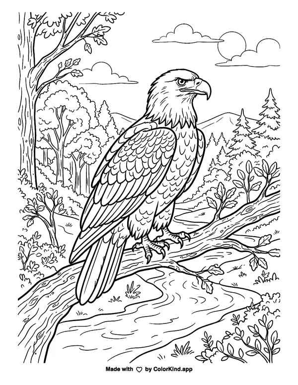Bald Eagle Perched in Nature as clean black-and-white printable line art made by ColorKind