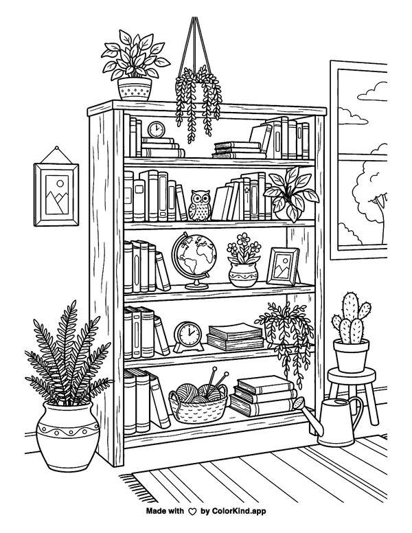 Bookshelf with Plants as clean black-and-white printable line art made by ColorKind