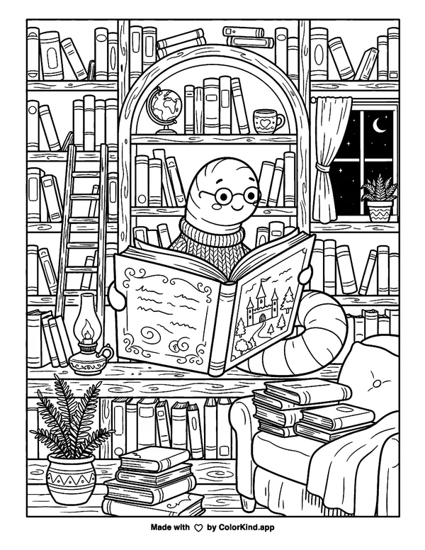 Bookworm as clean black-and-white printable line art made by ColorKind