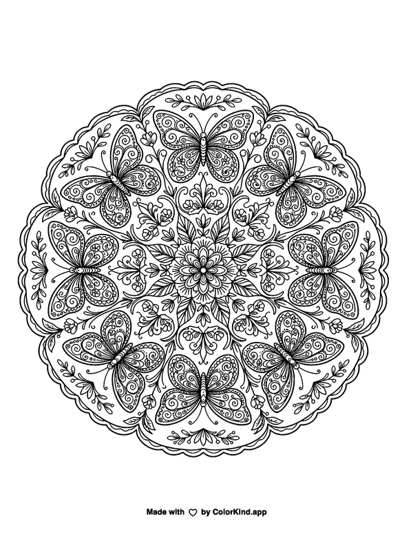 Butterfly Mandala as clean black-and-white printable line art made by ColorKind
