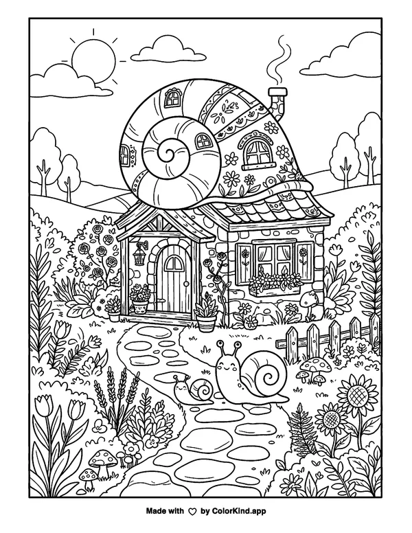 Calming Cottage Snail House as clean black-and-white printable line art made by ColorKind