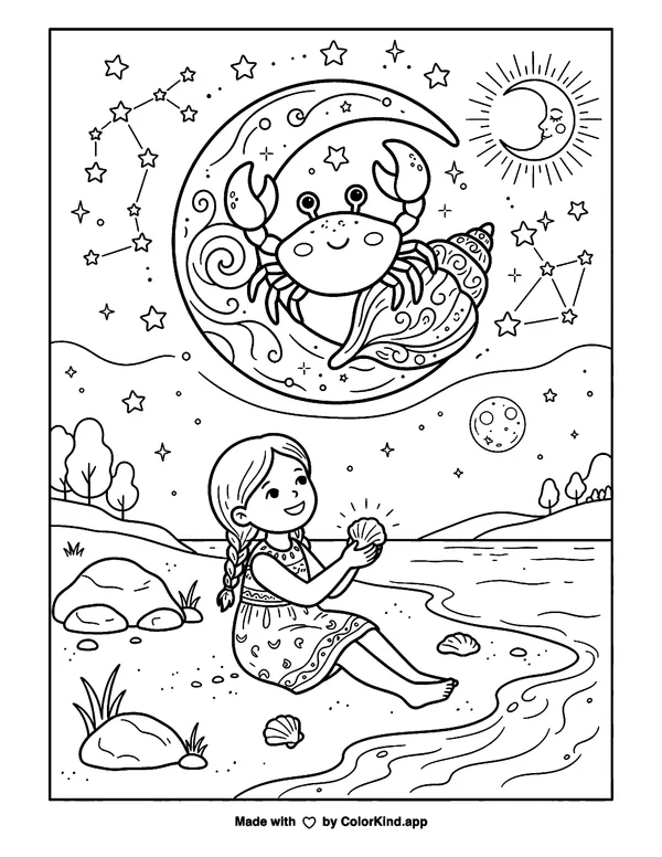 Cancer Zodiac as clean black-and-white printable line art made by ColorKind