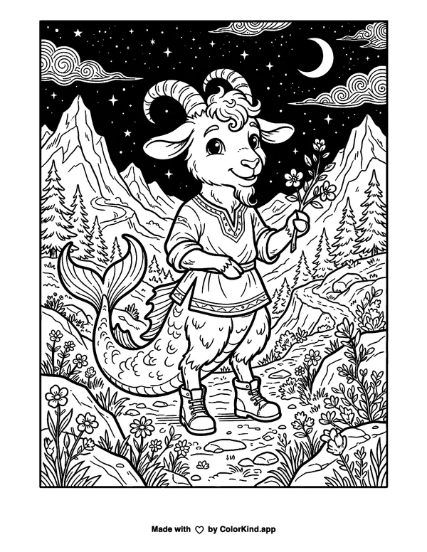 Capricorn Zodiac as clean black-and-white printable line art made by ColorKind