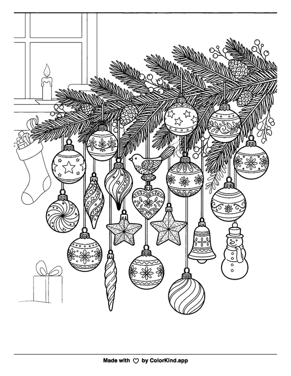 Classic Glass Ornaments as clean black-and-white printable line art made by ColorKind