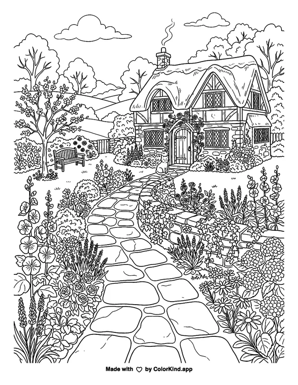 Cottage Path as clean black-and-white printable line art made by ColorKind