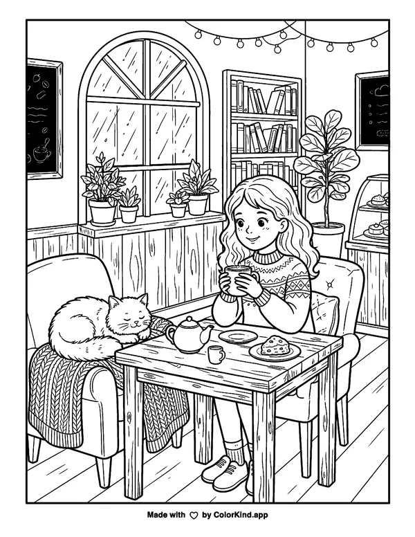 Cozy Coffee as clean black-and-white printable line art made by ColorKind