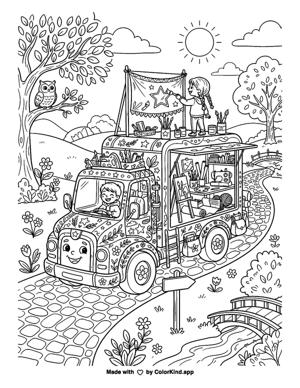 Creative Journey Truck as clean black-and-white printable line art made by ColorKind