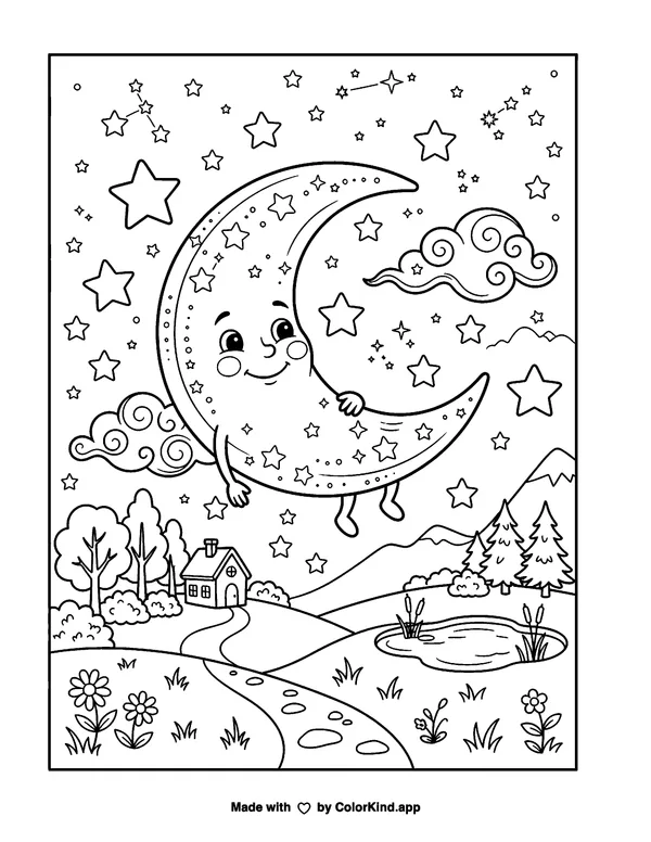 Crescent Moon as clean black-and-white printable line art made by ColorKind