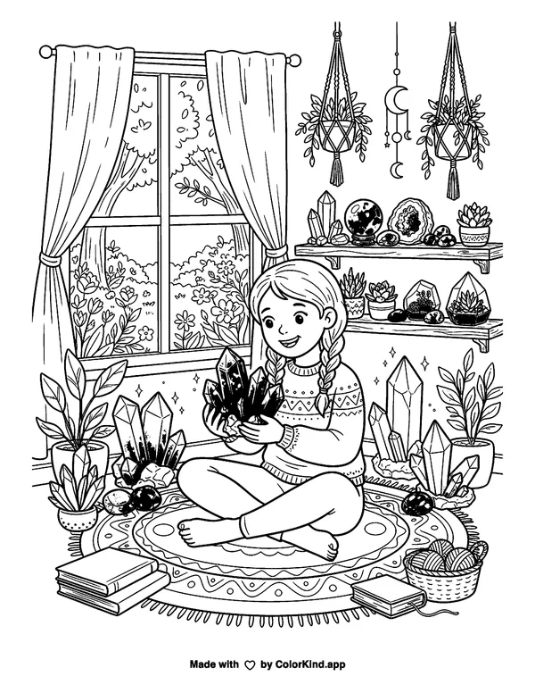 Crystal Vibes as clean black-and-white printable line art made by ColorKind