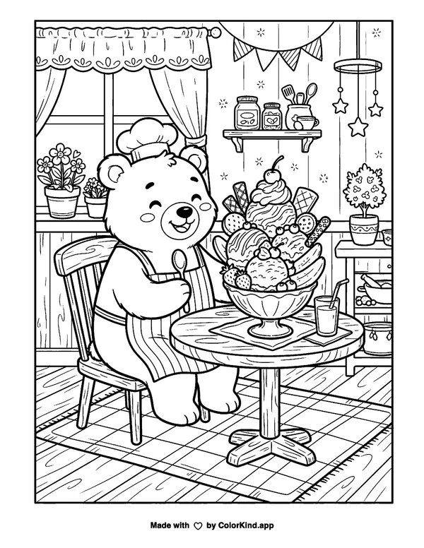 Cute Bear Dessert as clean black-and-white printable line art made by ColorKind