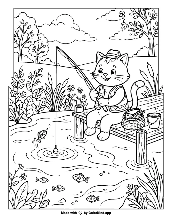 Cute Fishing Cat as clean black-and-white printable line art made by ColorKind
