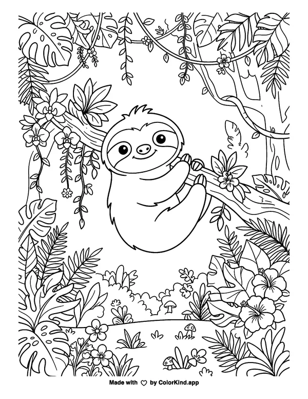 Cute Sloth in the Jungle as clean black-and-white printable line art made by ColorKind