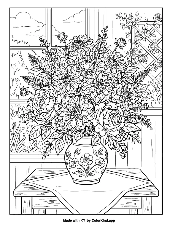 Dahlias and Peonies Arrangement as clean black-and-white printable line art made by ColorKind