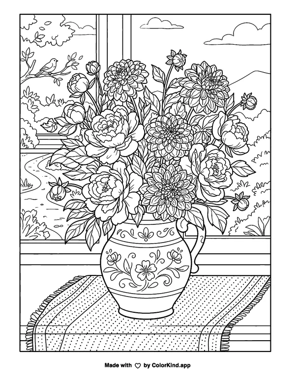 Dahlias and Peonies as clean black-and-white printable line art made by ColorKind