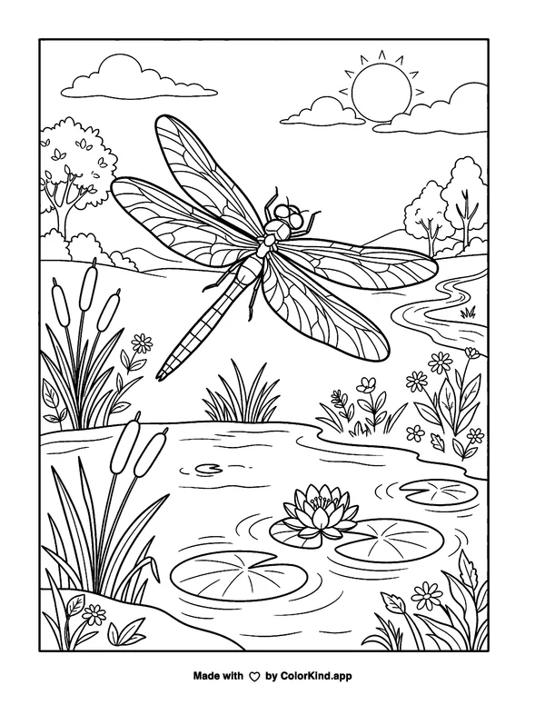 Dragonfly as clean black-and-white printable line art made by ColorKind