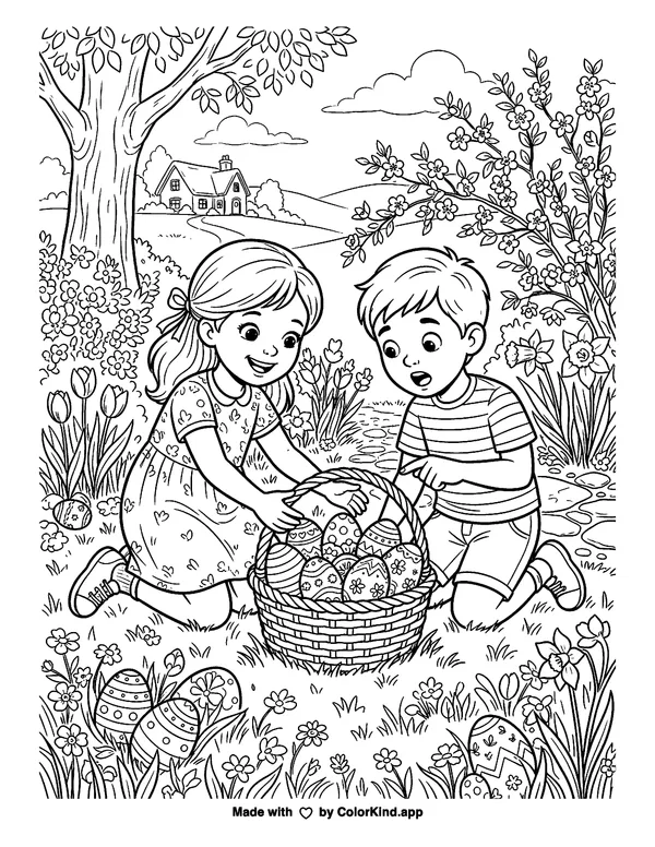Easter Eggs Surprise as clean black-and-white printable line art made by ColorKind