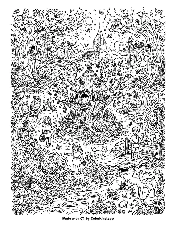 Enchanted Forest Mini Sheets as clean black-and-white printable line art made by ColorKind