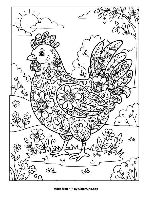 Floral Chicken as clean black-and-white printable line art made by ColorKind