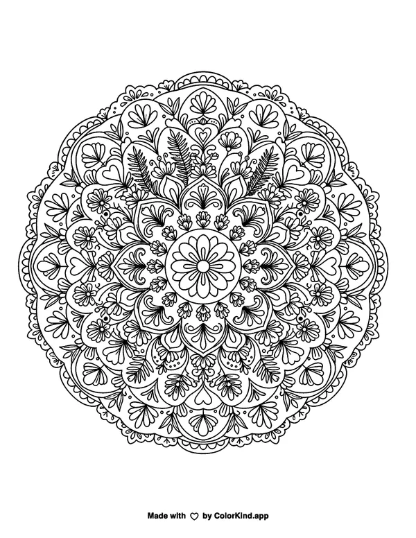 Flower Mandala as clean black-and-white printable line art made by ColorKind