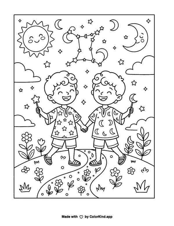Gemini Zodiac as clean black-and-white printable line art made by ColorKind