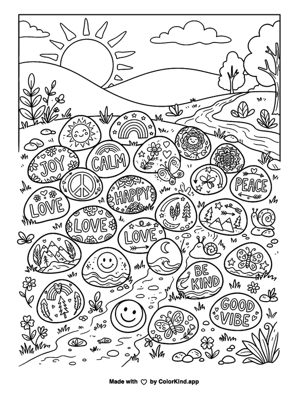 Good Vibe Rocks as clean black-and-white printable line art made by ColorKind