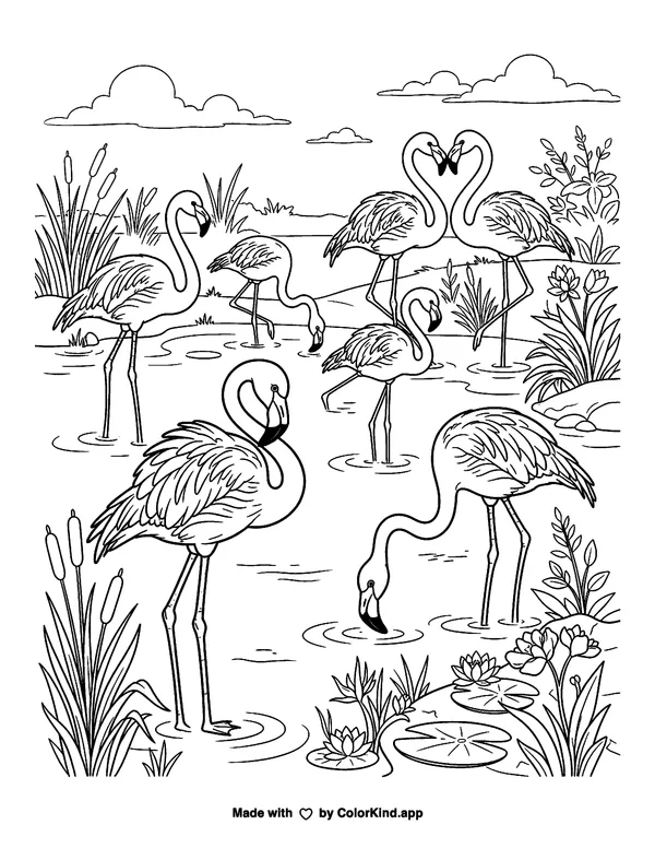 Grayscale Flamingos as clean black-and-white printable line art made by ColorKind