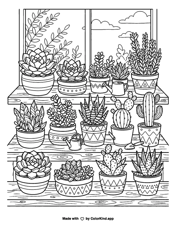 Grayscale Succulents as clean black-and-white printable line art made by ColorKind