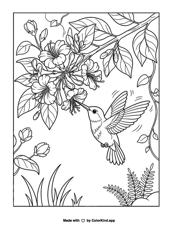 Hummingbird as clean black-and-white printable line art made by ColorKind