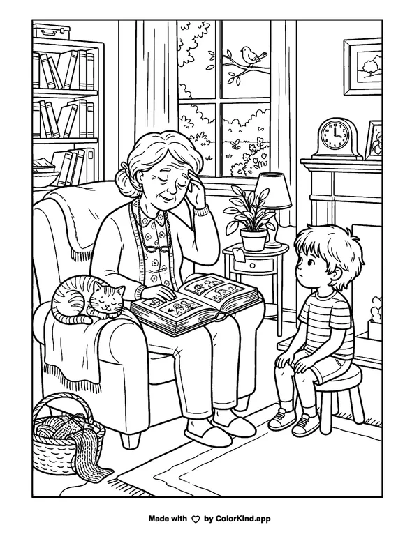 Grandmother Looking Through a Photo Album as clean black-and-white printable line art made by ColorKind