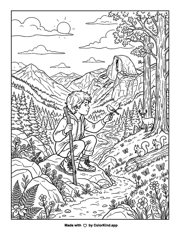 Child Exploring Nature with Wildlife as clean black-and-white printable line art made by ColorKind